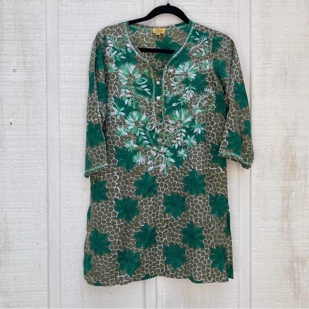 Roller Rabbit Tunic Dress Green Leaf Print Embroidered Shirt Dress Buttons Sz XS